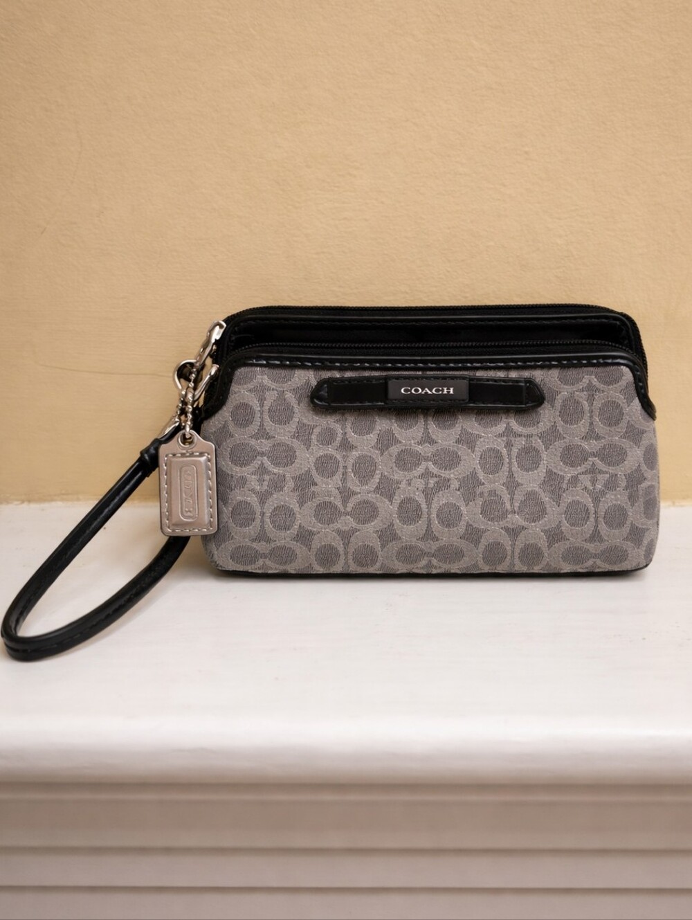 Coach Gray and Black Signature Zip Wristlet - GUC